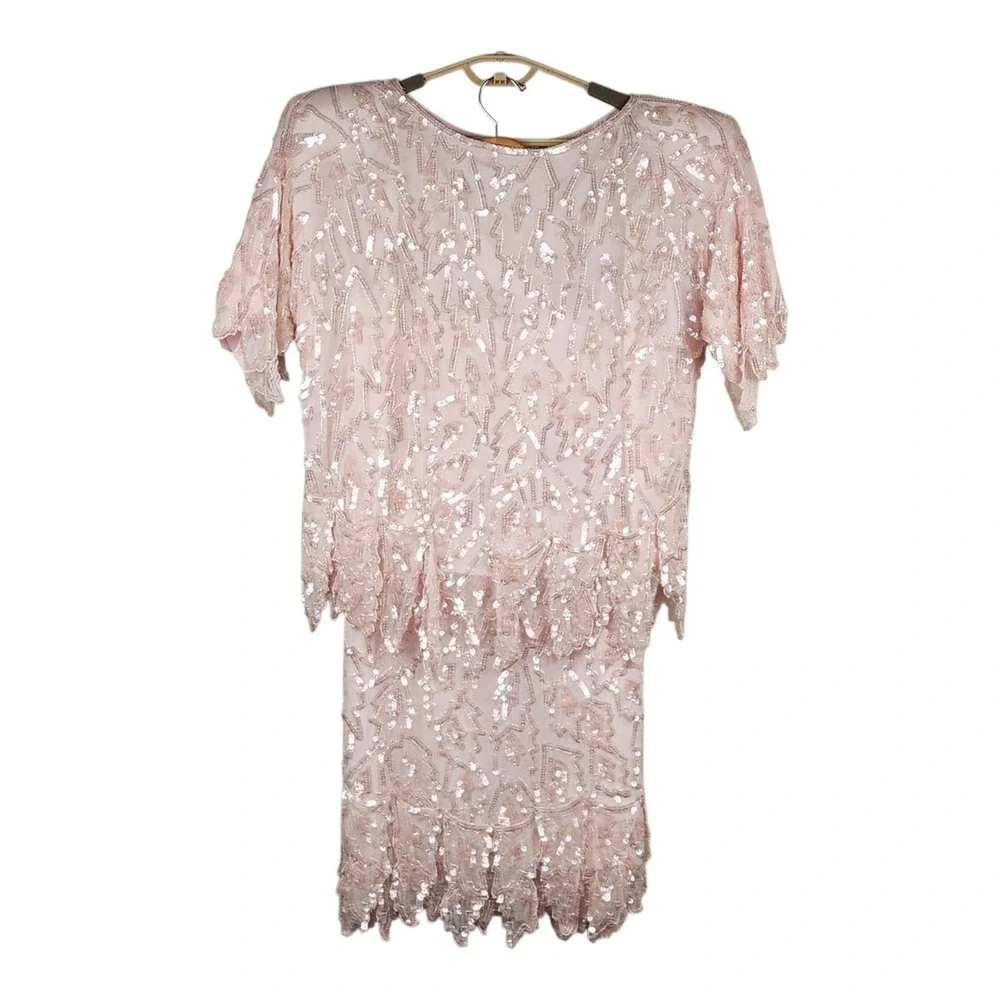 Vintage Laurence Kazar Skirt Blouse Set 1X Pink Silk Sequin Mother of the Bride